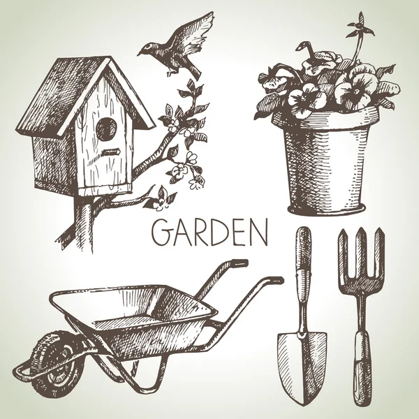 Bahçe seti eskiz. el çekilmiş tasarım öğeleri — Stok Vektör