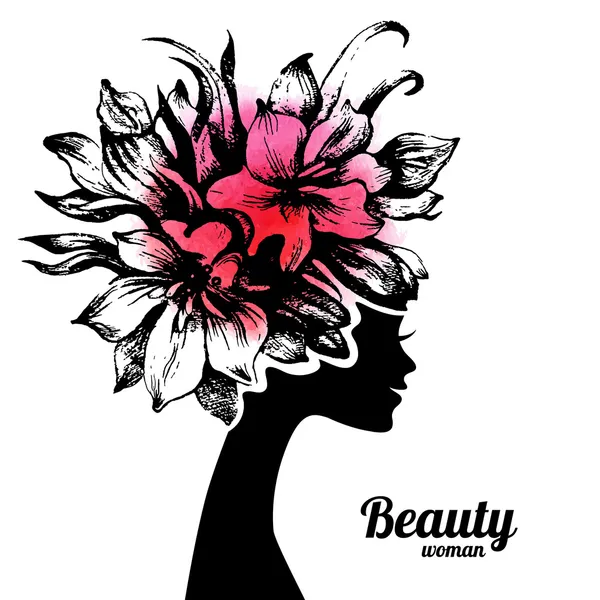 Belle silhouette femme avec des fleurs — Image vectorielle