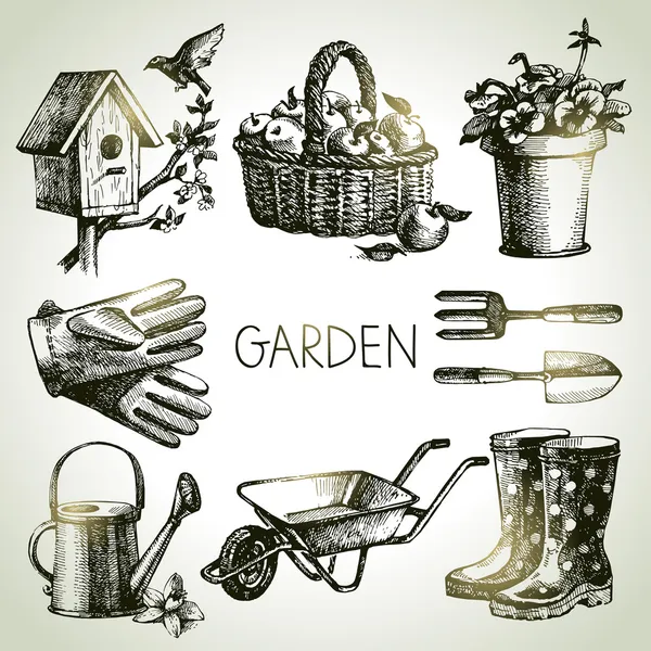 Set da giardinaggio Sketch. Elementi di design disegnati a mano — Vettoriale Stock