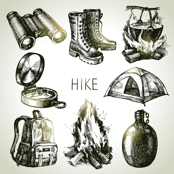 Hike and camping tourism hand drawn set — Stock Vector