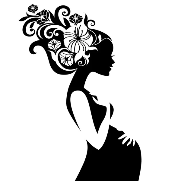 Pregnant beautiful woman silhouette with floral hair — Stock Vector