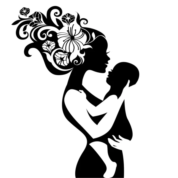 Beautiful mother silhouette with her baby — Stock Vector