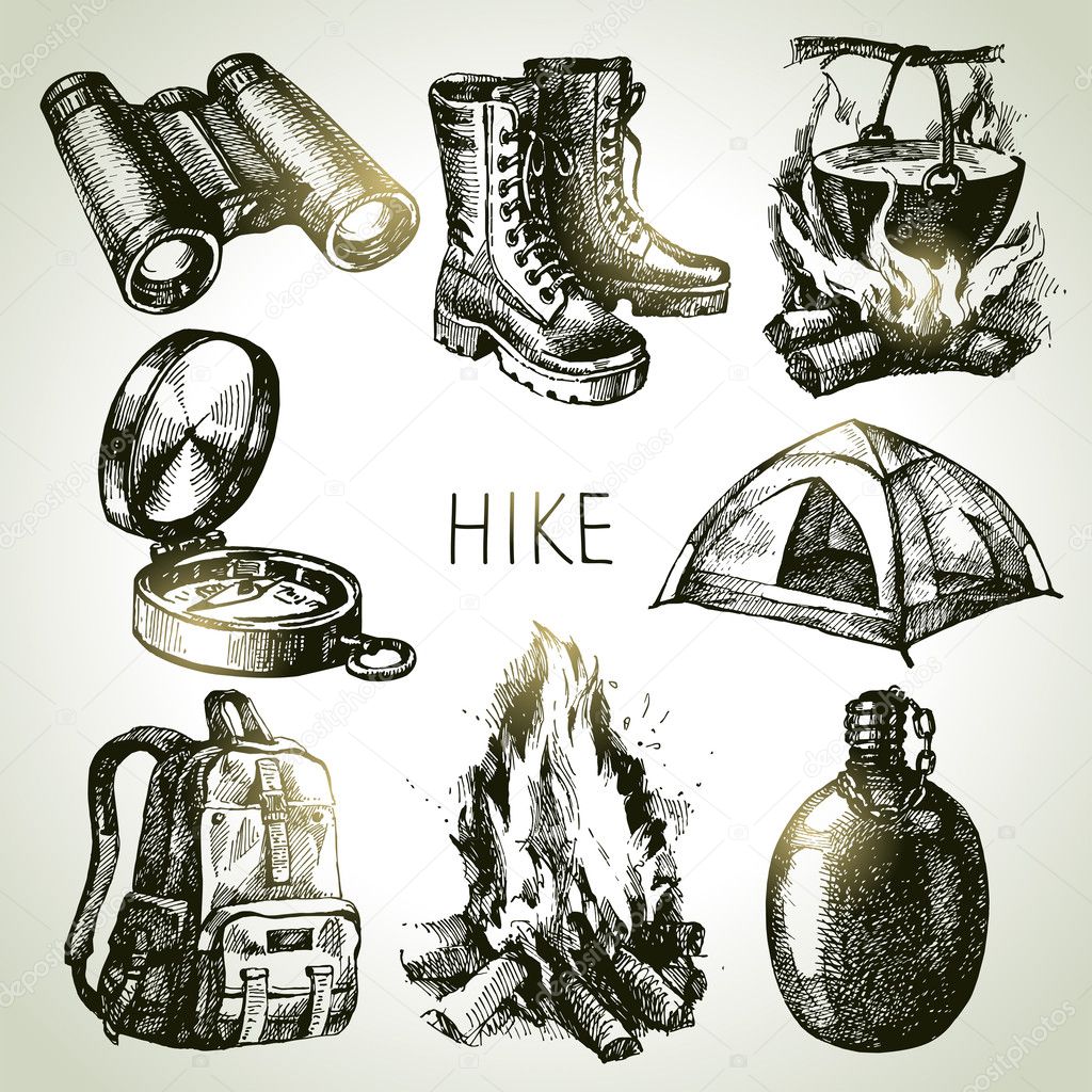 Hike and camping tourism hand drawn set