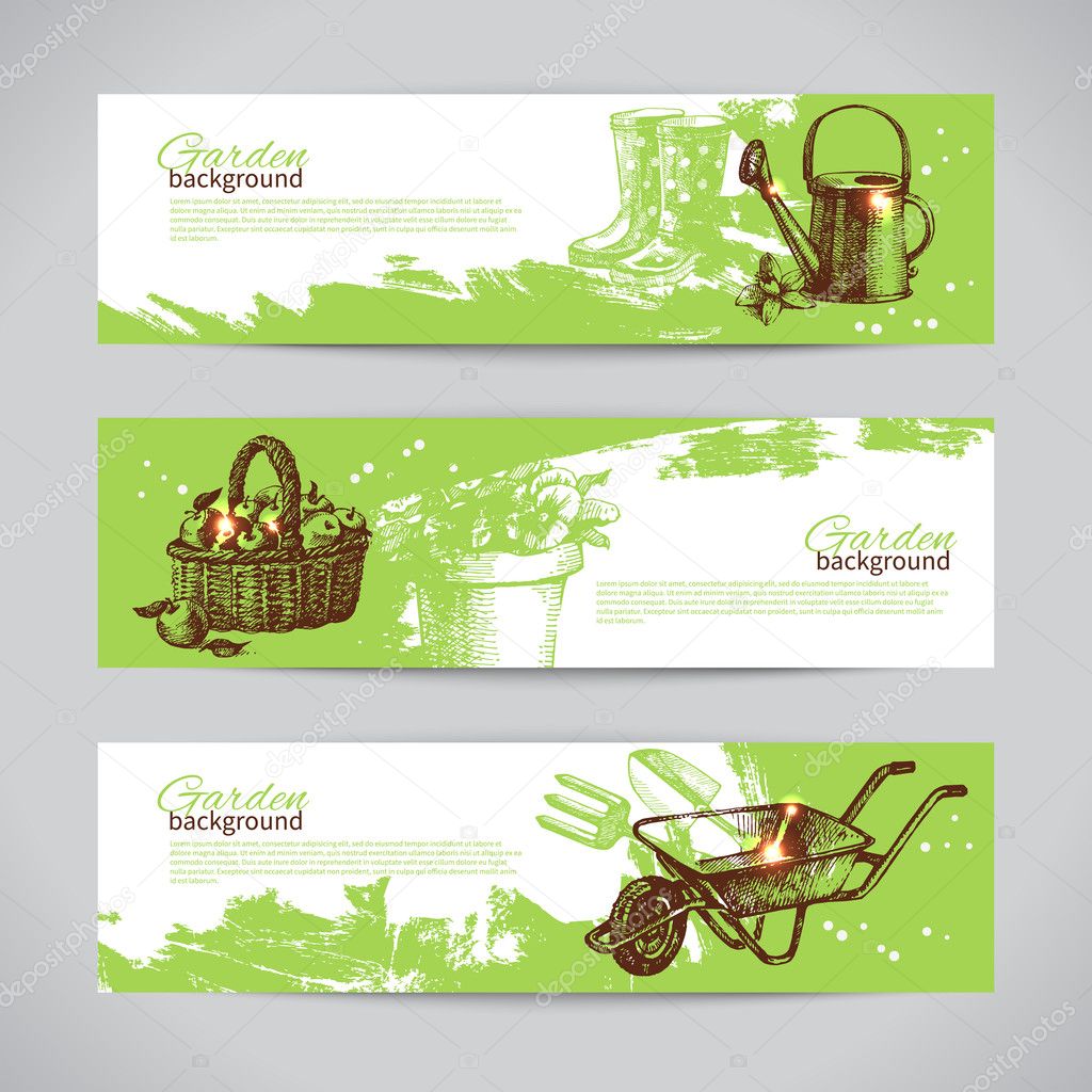 Set of sketch gardening banner templates