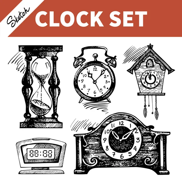 Hand ritad skiss uppsättning av klockor — Stock vektor