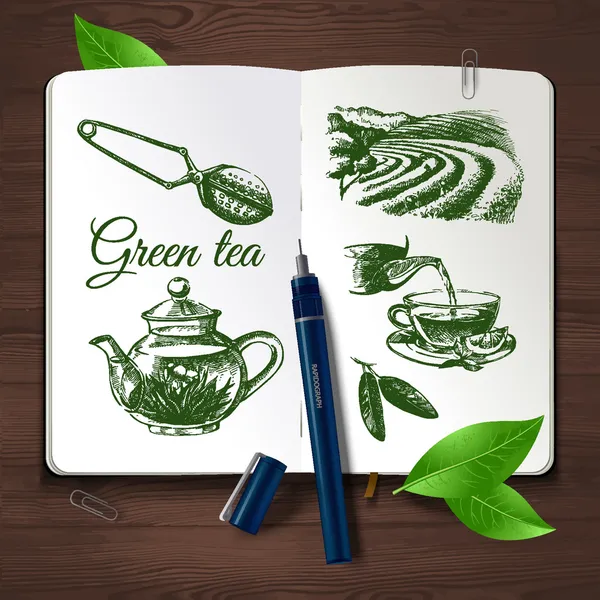 Juego de té boceto dibujado a mano . — Vector de stock