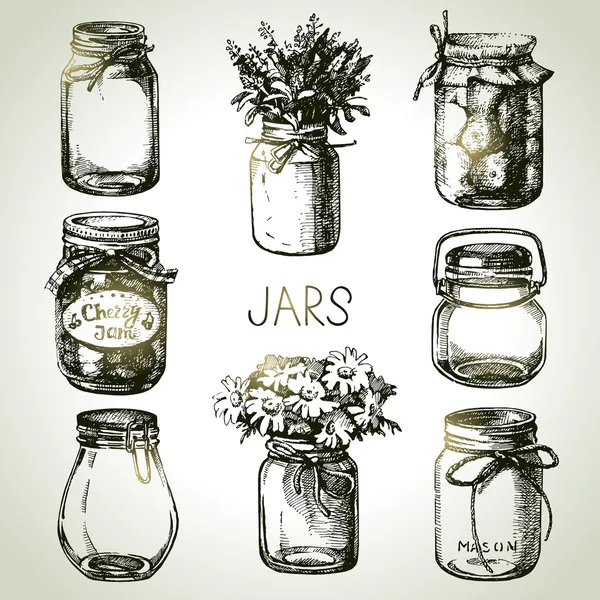 Rustic, mason and canning jars hand drawn set. — Stock Vector