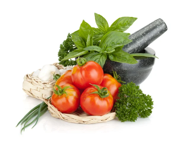 Ripe tomatoes and fresh herbs and spices in mortar — Stock Photo, Image