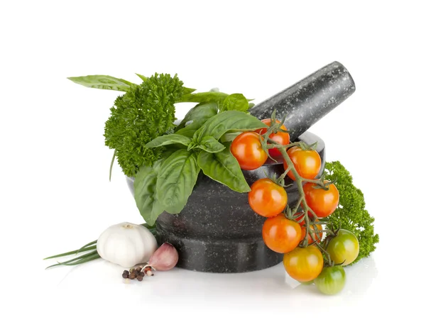 Fresh herbs and spices in mortar — Stock Photo, Image