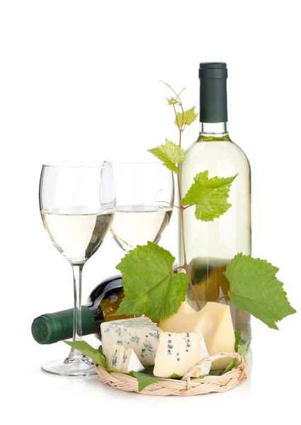 Vino bianco, formaggio e uva — Foto Stock