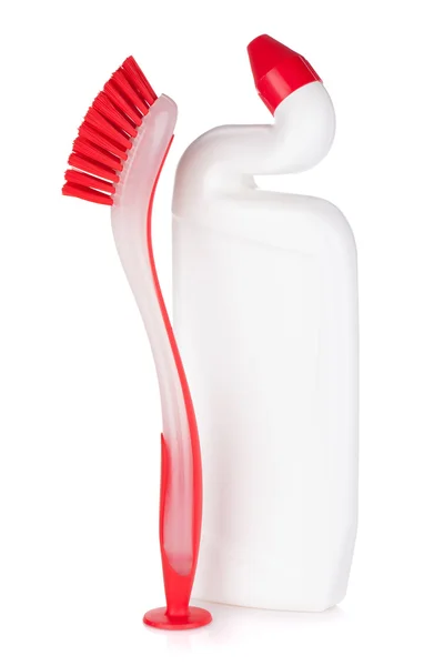 Bouteille en plastique de produit de nettoyage et brosse — Photo