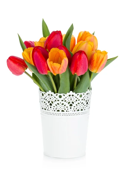 Red and orange tulips in flowerpot — Stock Photo, Image