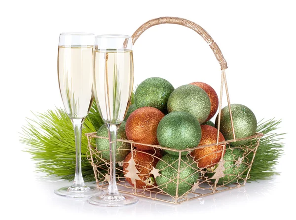 Champagne, firtree and christmas decor — Stock Photo, Image