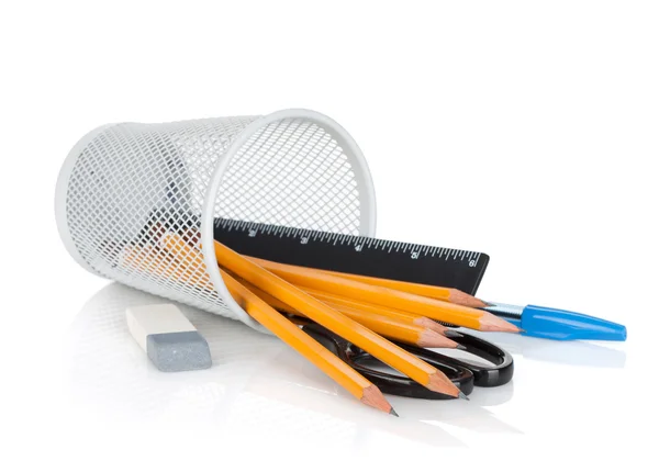 Pencils, pens, ruler, scissors and rubber — Stock Photo, Image