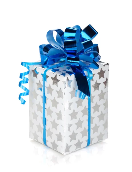 Silver gift box with blue ribbon — Stock Photo, Image