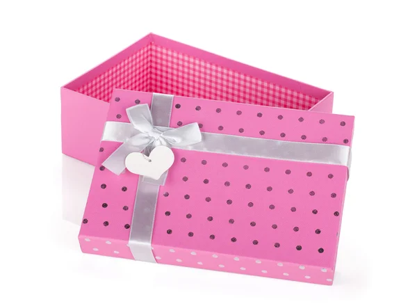 Opened pink gift box with ribbon and bow — Stock Photo, Image