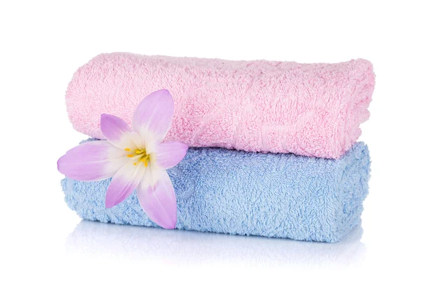 Pink and blue towels and flower — Stock Photo, Image