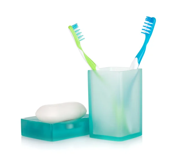 Two toothbrushes and soap — Stock Photo, Image