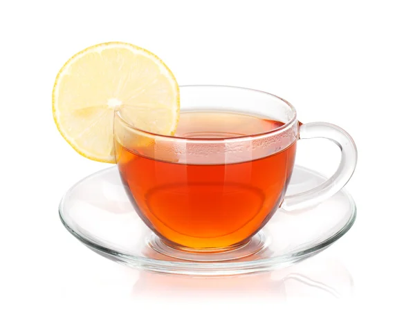 Glass cup of black tea with lemon slice — Stock Photo, Image