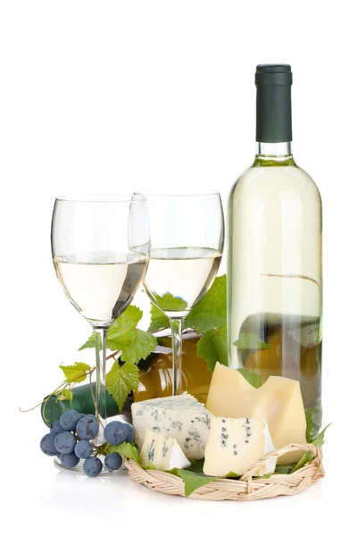 Vino bianco, formaggio e uva — Foto Stock