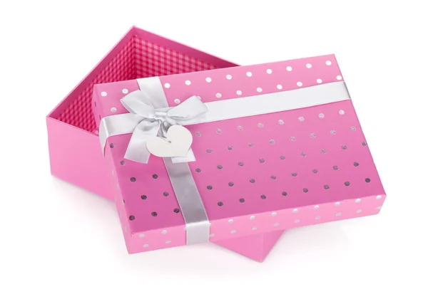 Opened pink gift box with ribbon and bow — Stock Photo, Image