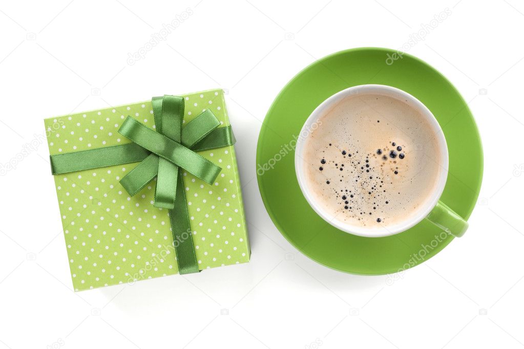 Green coffee cup and gift box with bow