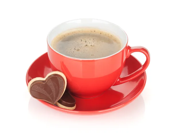 Red coffee cup and chocolate cookies — Stock Photo, Image