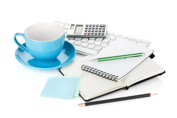 Blue coffee cup and office supplies — Stock Photo, Image