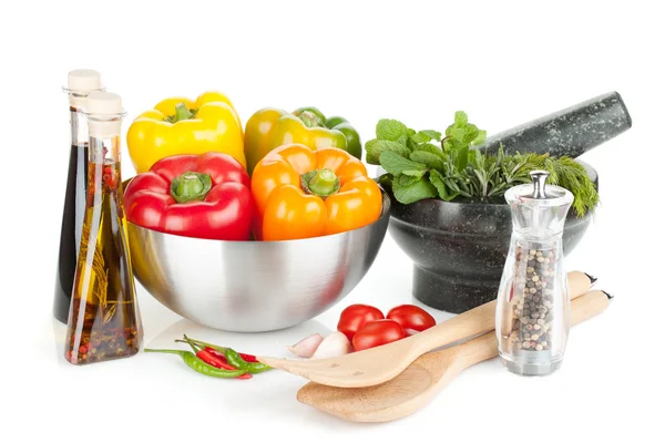 Fresh bell peppers, herbs and condiments — Stock Photo, Image
