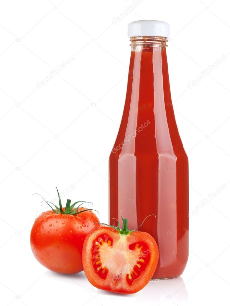 Tomato ketchup bottle and ripe tomatoes