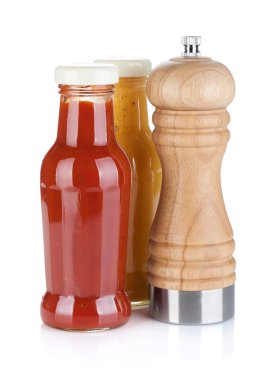 Mustard and ketchup glass bottles with pepper shaker