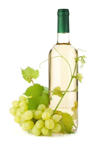 Garrafa de vinho branco e uvas — Fotografia de Stock