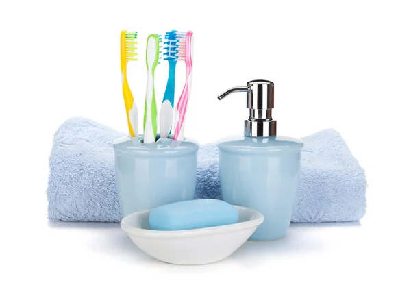 Toothbrushes, soap and towel — Stock Photo, Image