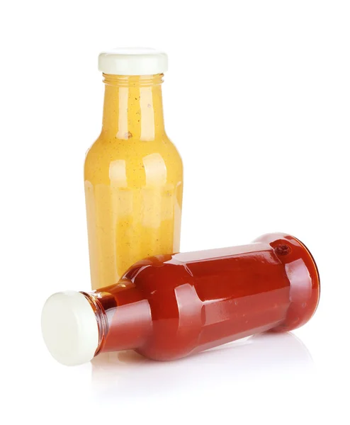 Mustard and ketchup glass bottles — Stock Photo, Image