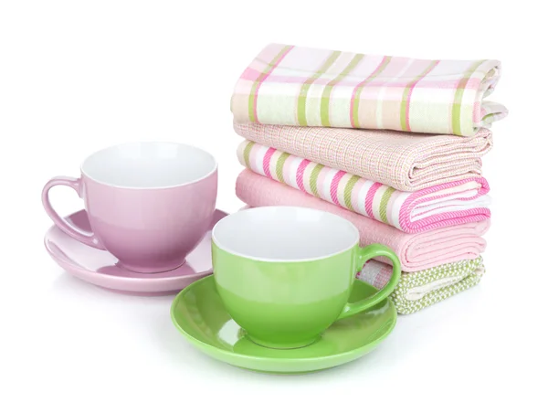 Coffee cups and kitchen towels — Stock Photo, Image