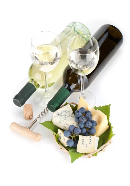 Fehér bor, sajt és szőlő — Stock Fotó
