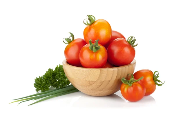 Ripe tomatoes, basil and parsley — Stock Photo, Image
