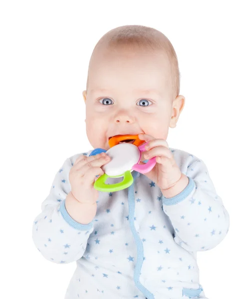 Cute baby boy is holding toy — Stock Photo, Image