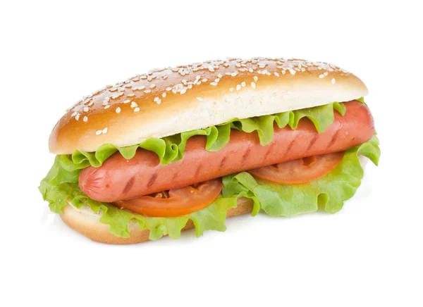 Hot dog met sla en tomaat segmenten — Stockfoto