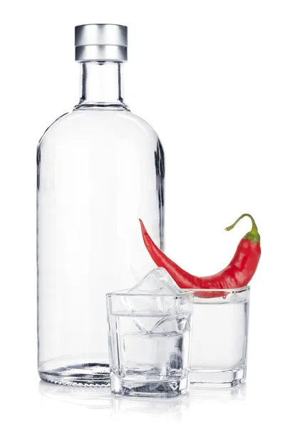 Láhev vodky a střílel skla s ledem a červené chili pepper — Stock fotografie