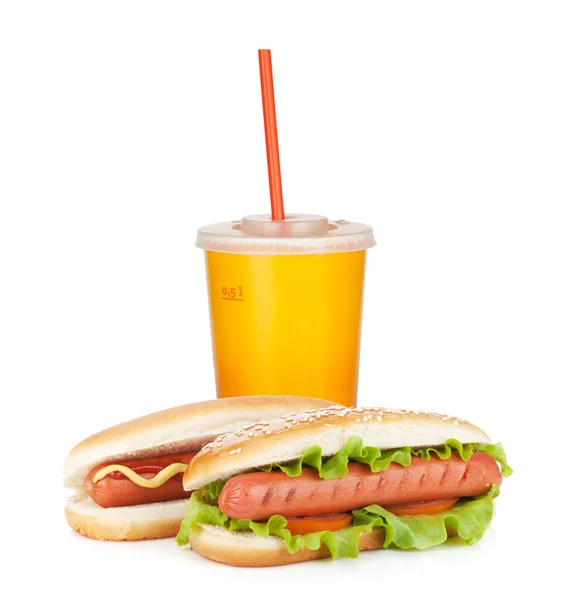 Fast-food drankje en twee hotdogs met verschillende ingrediënten — Stockfoto