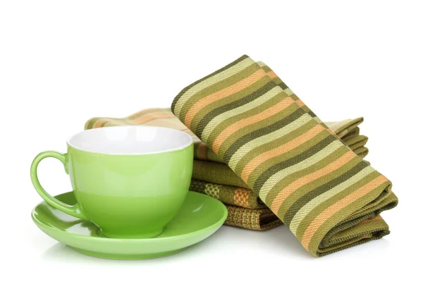 Coffee cups and kitchen towels — Stock Photo, Image