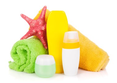 banyo şişe, havlu ve deniz yıldızı