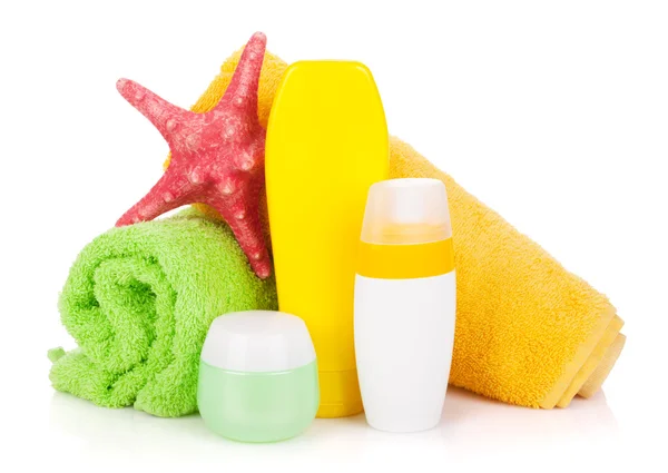 Bath bottles, towel and starfish — Stock Photo, Image