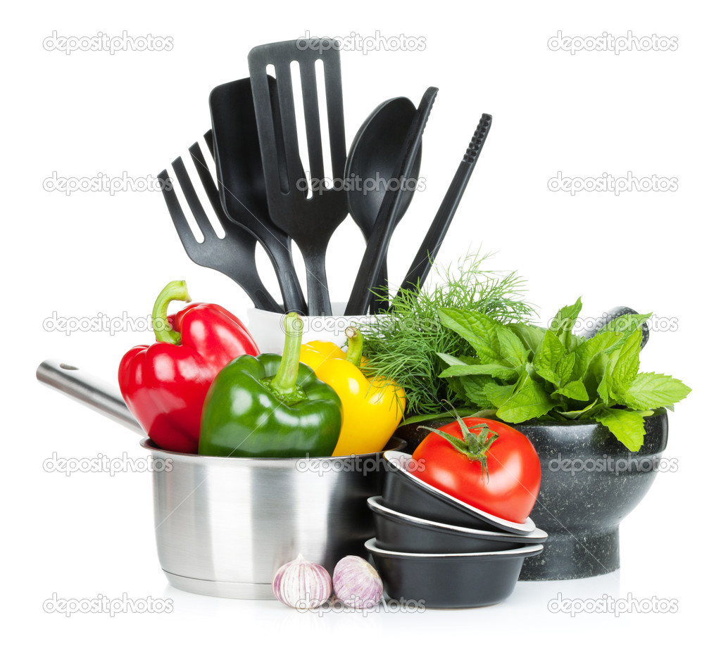 Fresh ripe vegetables, herbs and kitchen utensils