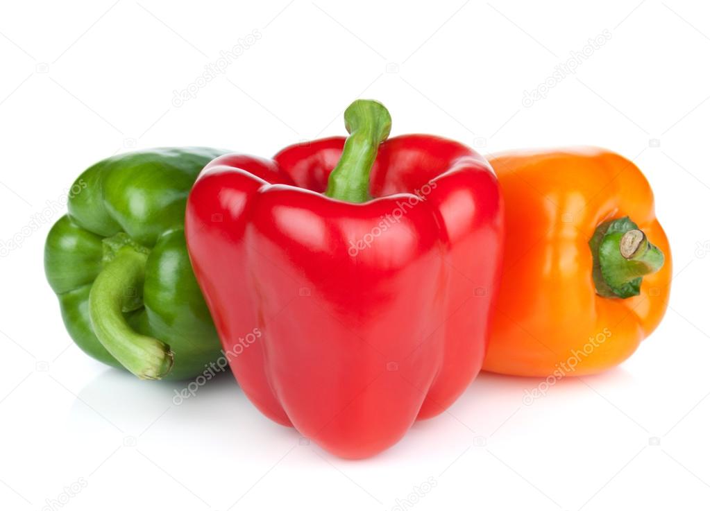 Green, red and orange bell peppers