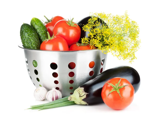 Fresh ripe vegetables in colander — Stock Photo, Image