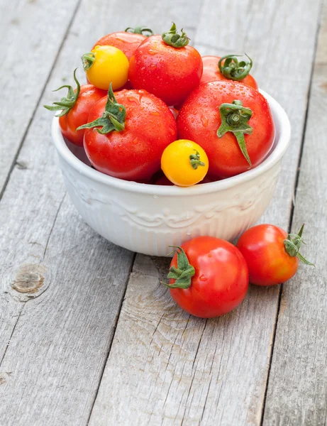 Frische reife bunte Tomaten in Schüssel — Stockfoto