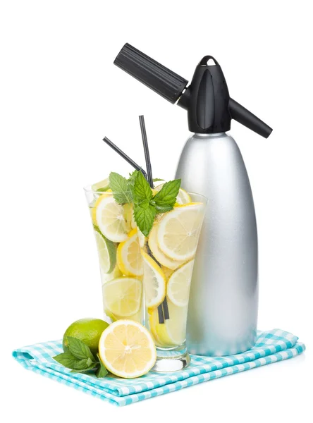 Glasses with homemade lemonade and siphon — Stock Photo, Image