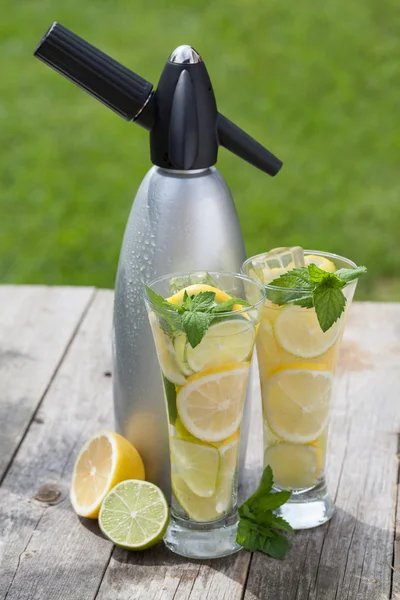 Glazen met zelfgemaakte limonade en sifon — Stockfoto